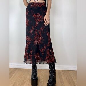 Midi Skirt with Red Floral Print